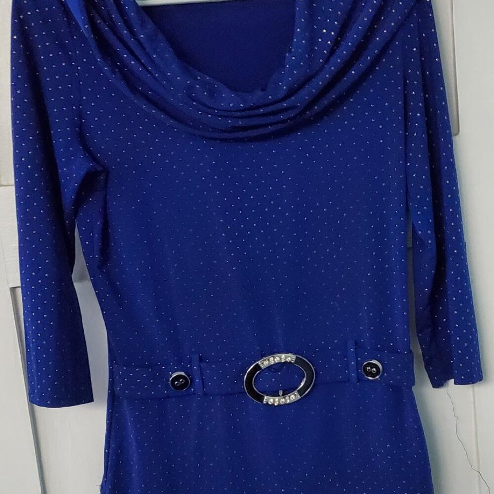 Blue self-belting cowl neck top